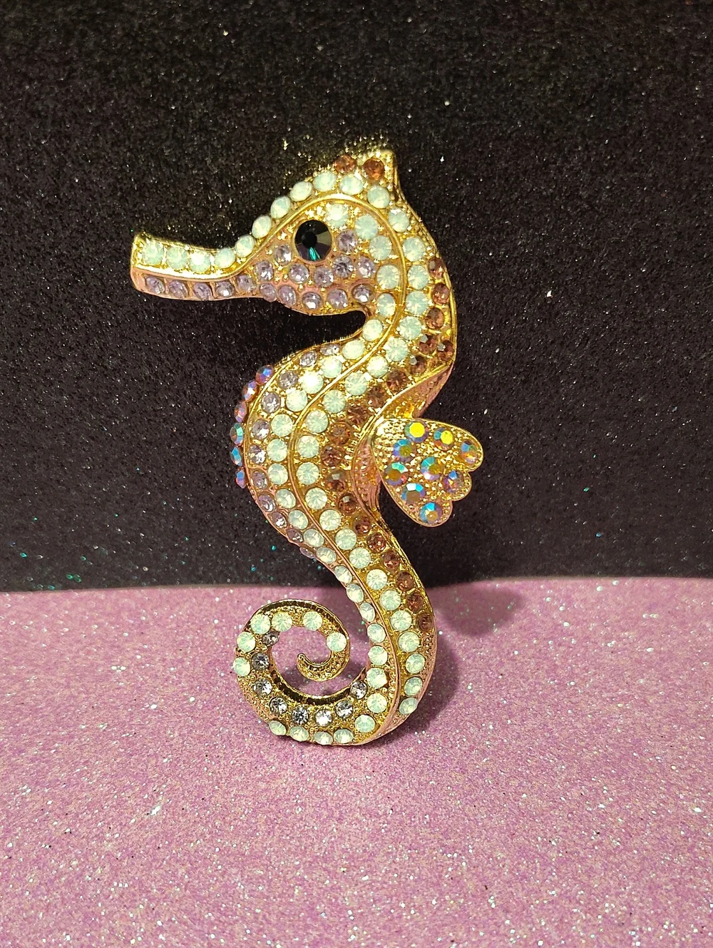 Vintage Style Pink & Multi Colored Rhinestone Seahorse Brooch - 3 1/2